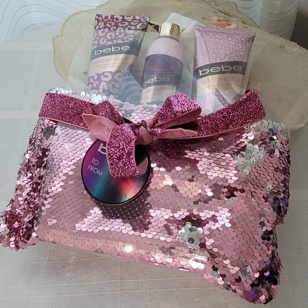 bebe pink sequin gift bag 3pc hydrating collection NWT